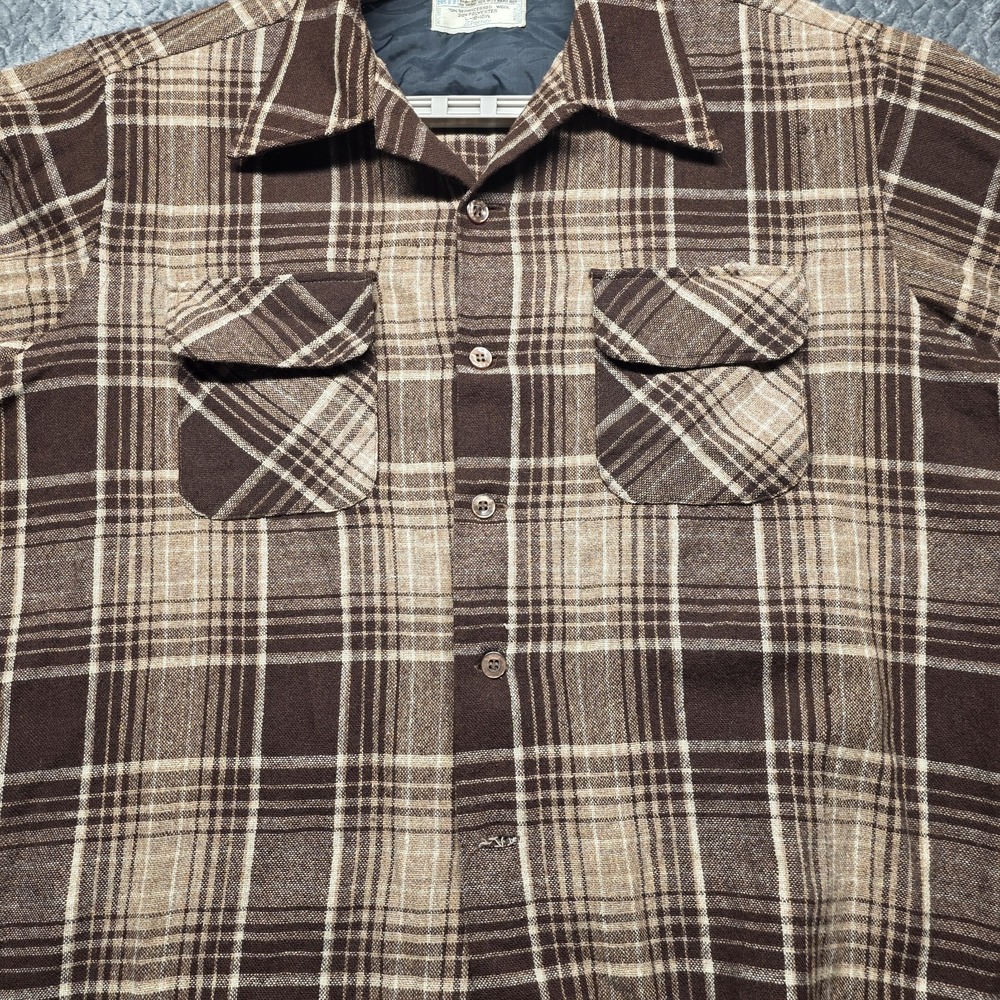 Vintage JCPenney MW Flannel Shirt L 16-16.5‎ Brown Tan Plaid Wool Blend Korea